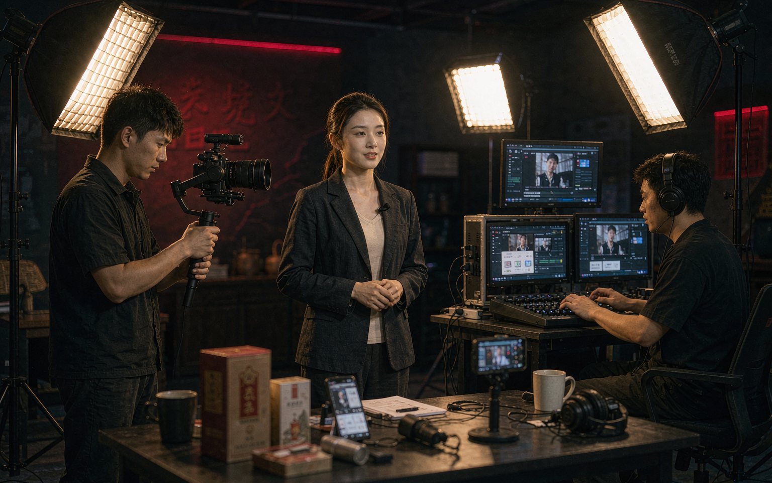 五六新媒团队在直播间进行拍摄与直播执行